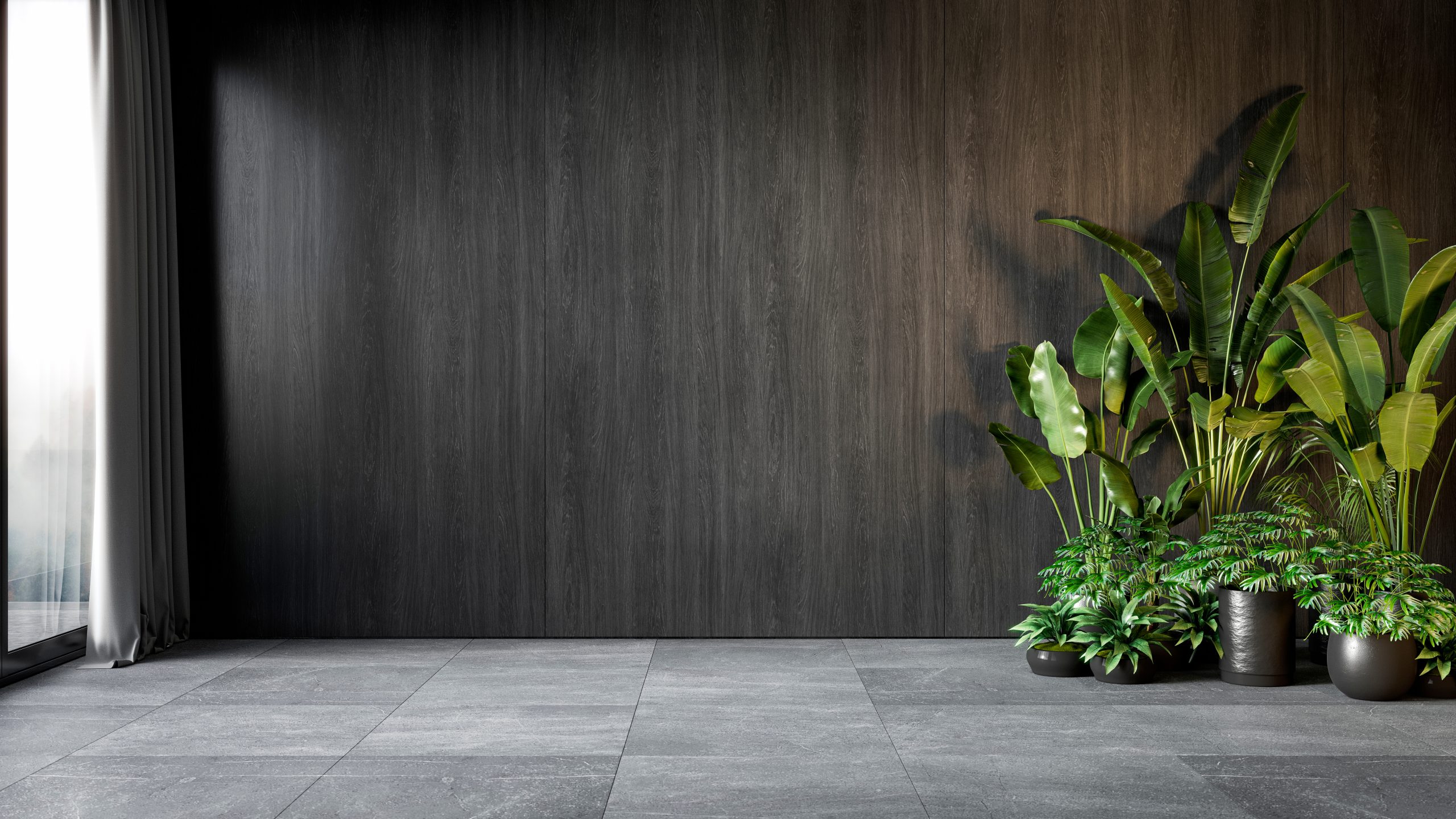 Black,interior,with,wood,wall,panel,and,plants.,3d,render