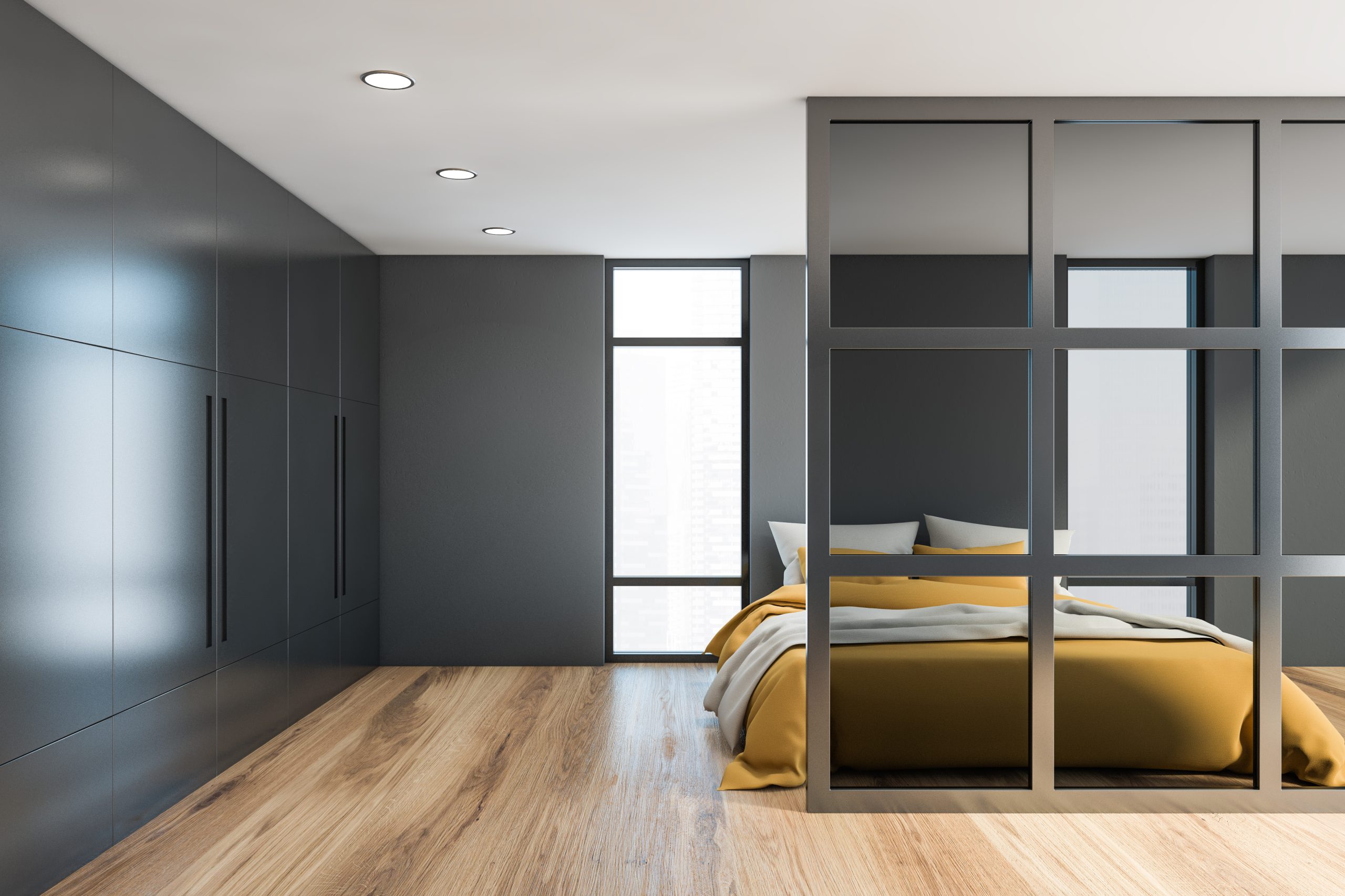 Interior,of,minimalistic,master,bedroom,with,grey,and,glass,walls,