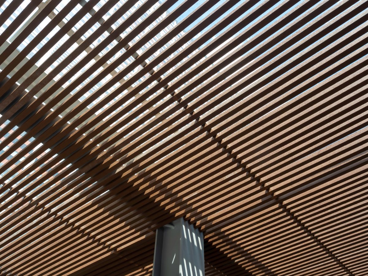 Wooden,slats,roof,,architecture,construction,with,sunlight,streaming,through,and