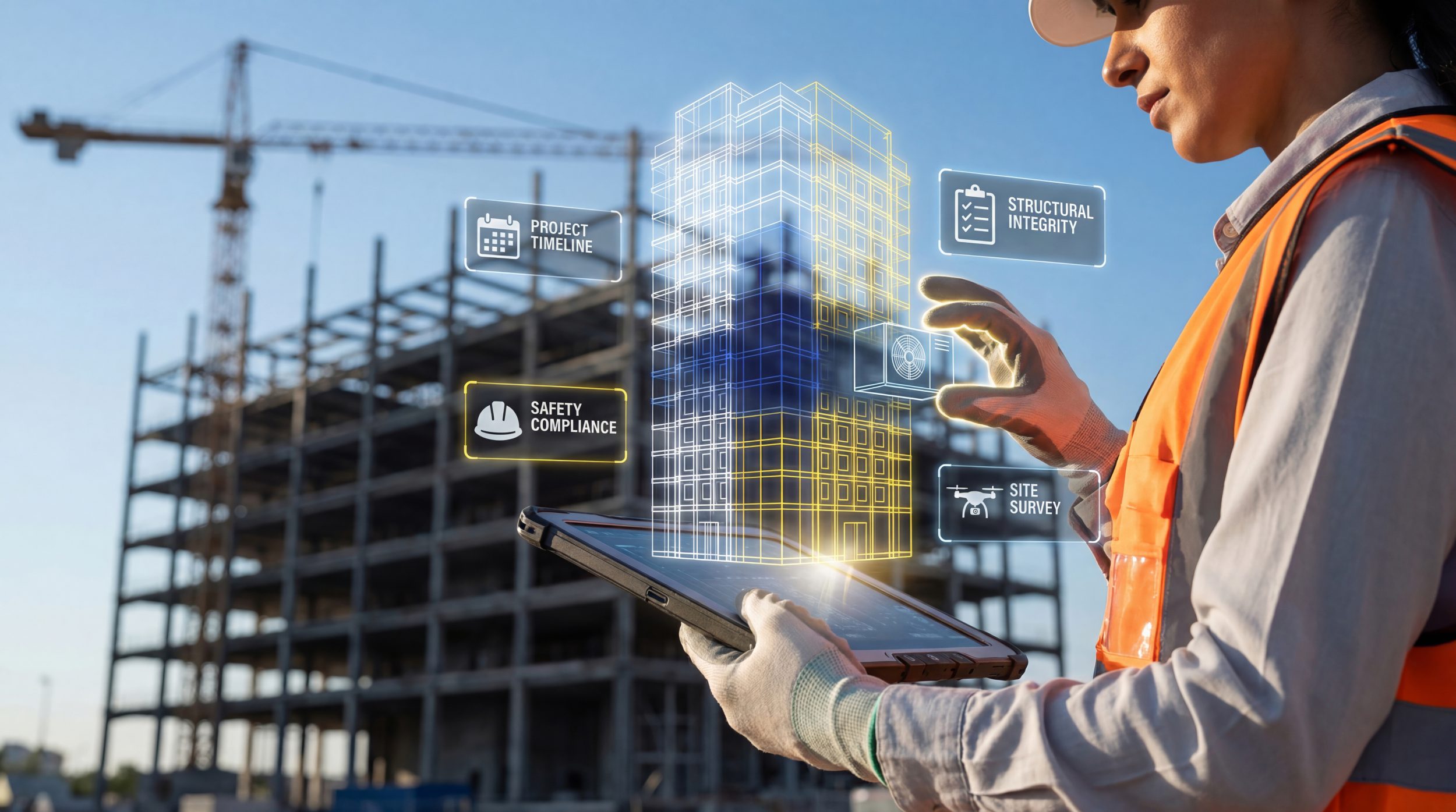 Construction professional using a tablet with a 3D digital building model for scan-to-design.