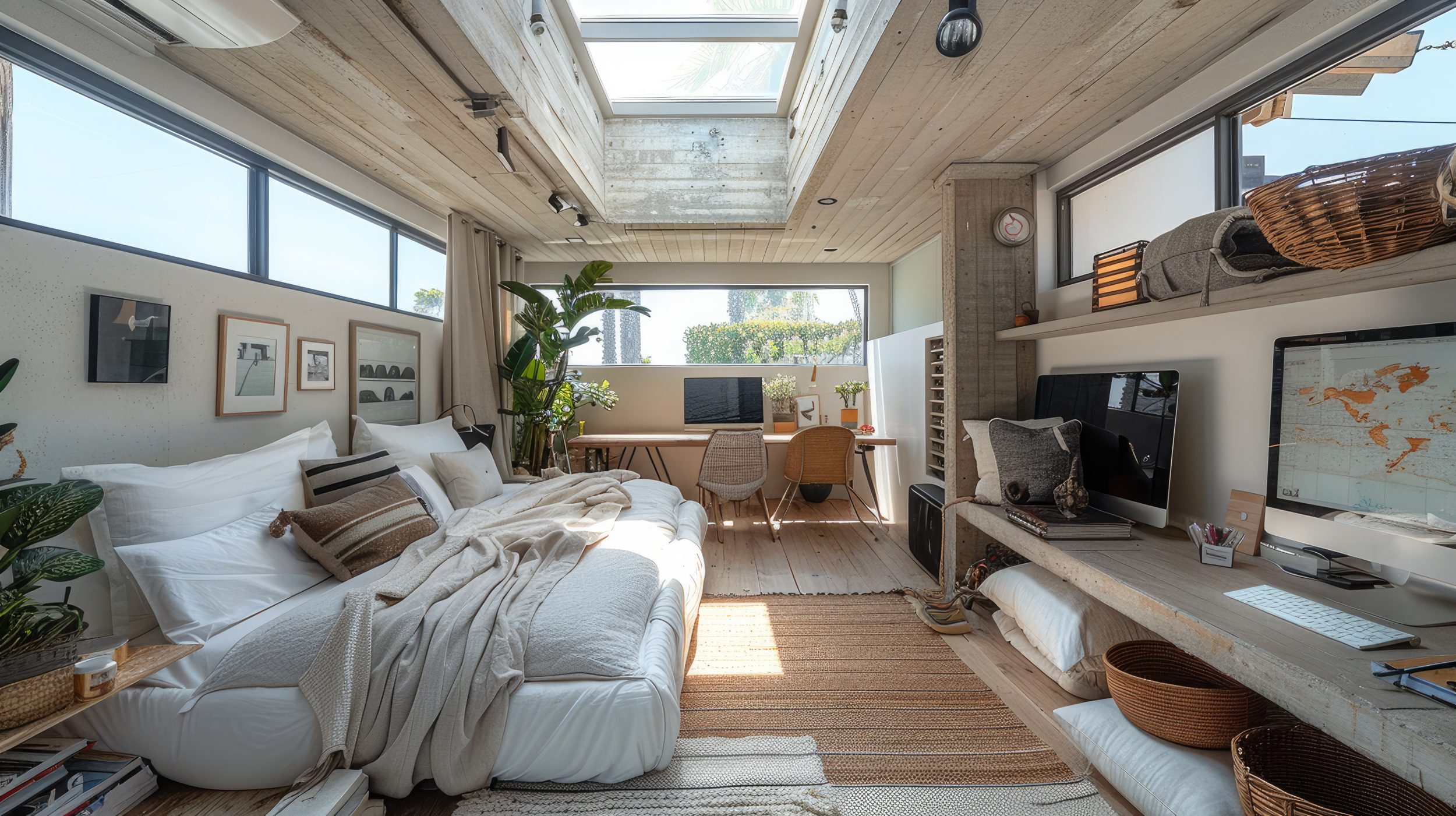 Garage Converted Into A Living Space With A Single Skylight, Single Bed And Workspace With Desk And Computer, Beach Style Interior Design. Generative Ai.