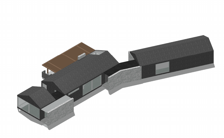 Early Design Science custom-home concept, showing angled wings and a stone-clad entrance
