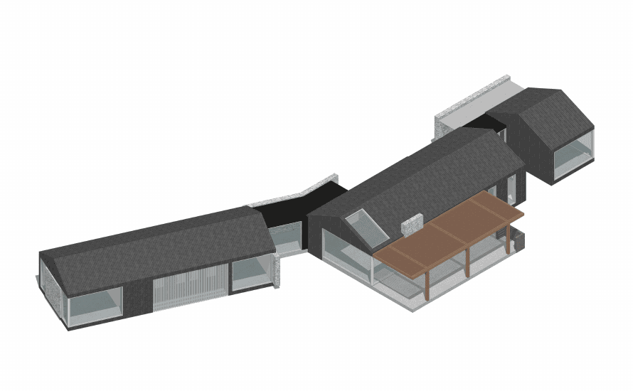 Reverse view of the early custom-home concept, showing glazing and a covered outdoor area